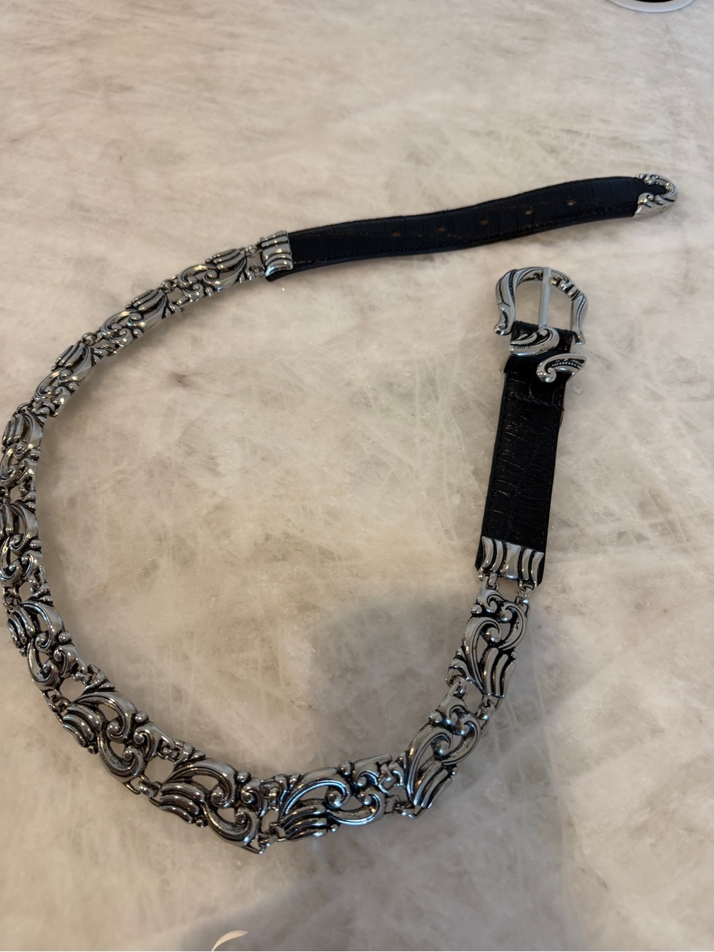 Ornate Silver-Tone Decorative Black Women's Belt